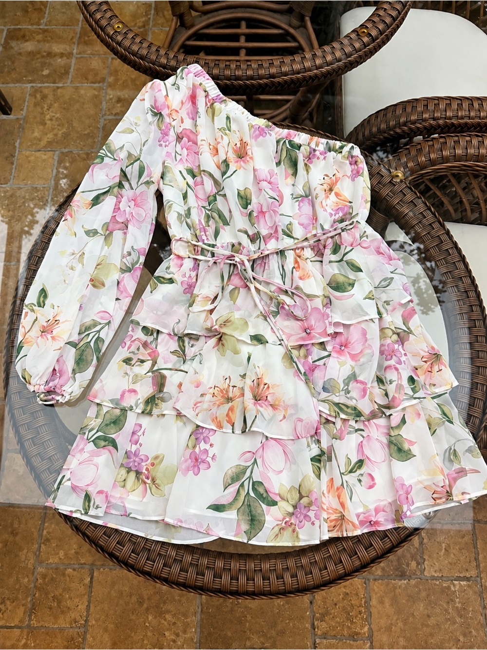 Floral One-Shoulder Ruffle Kids Dress - Pink & Green